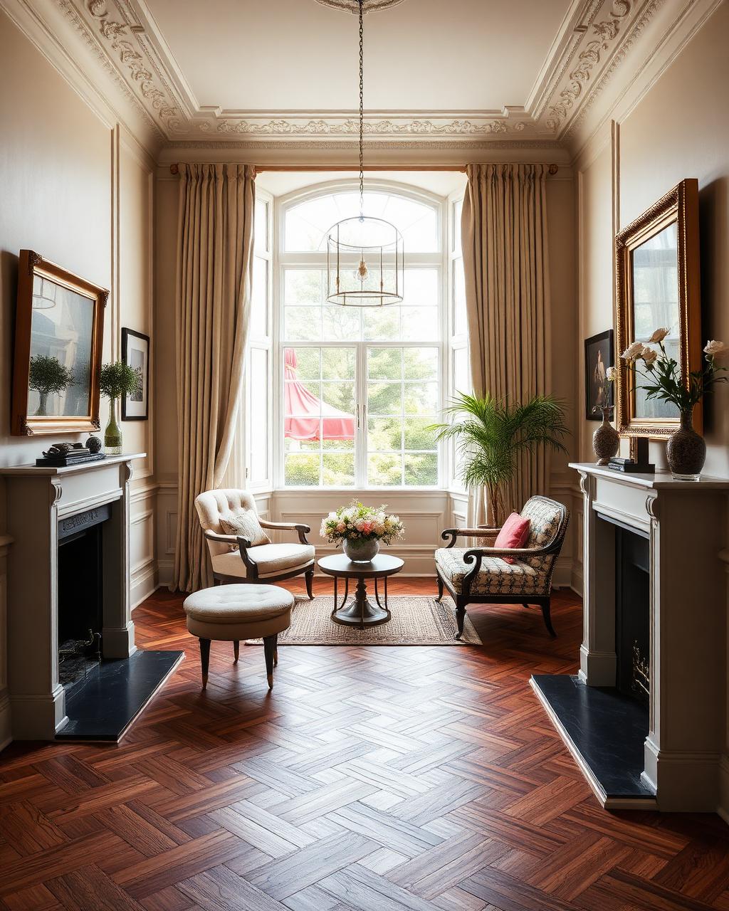 Smoked oak herringbone parquet in an elegant period drawing room