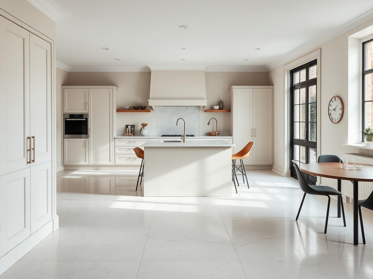 Pale limestone-effect tiled floor in a bright minimalist kitchen