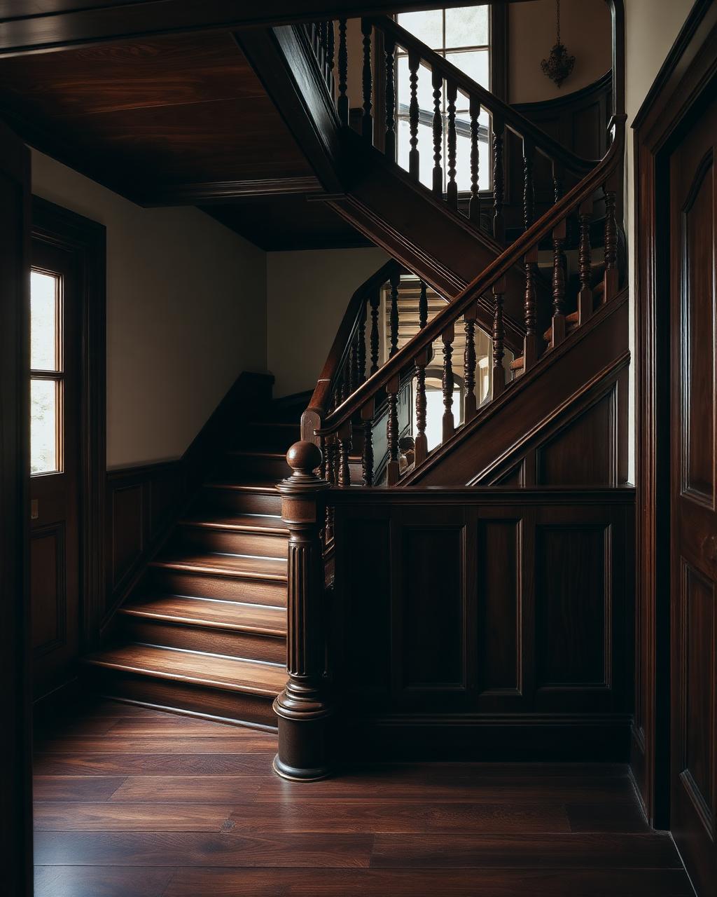 Rich walnut staircase and landing with matching wood flooring