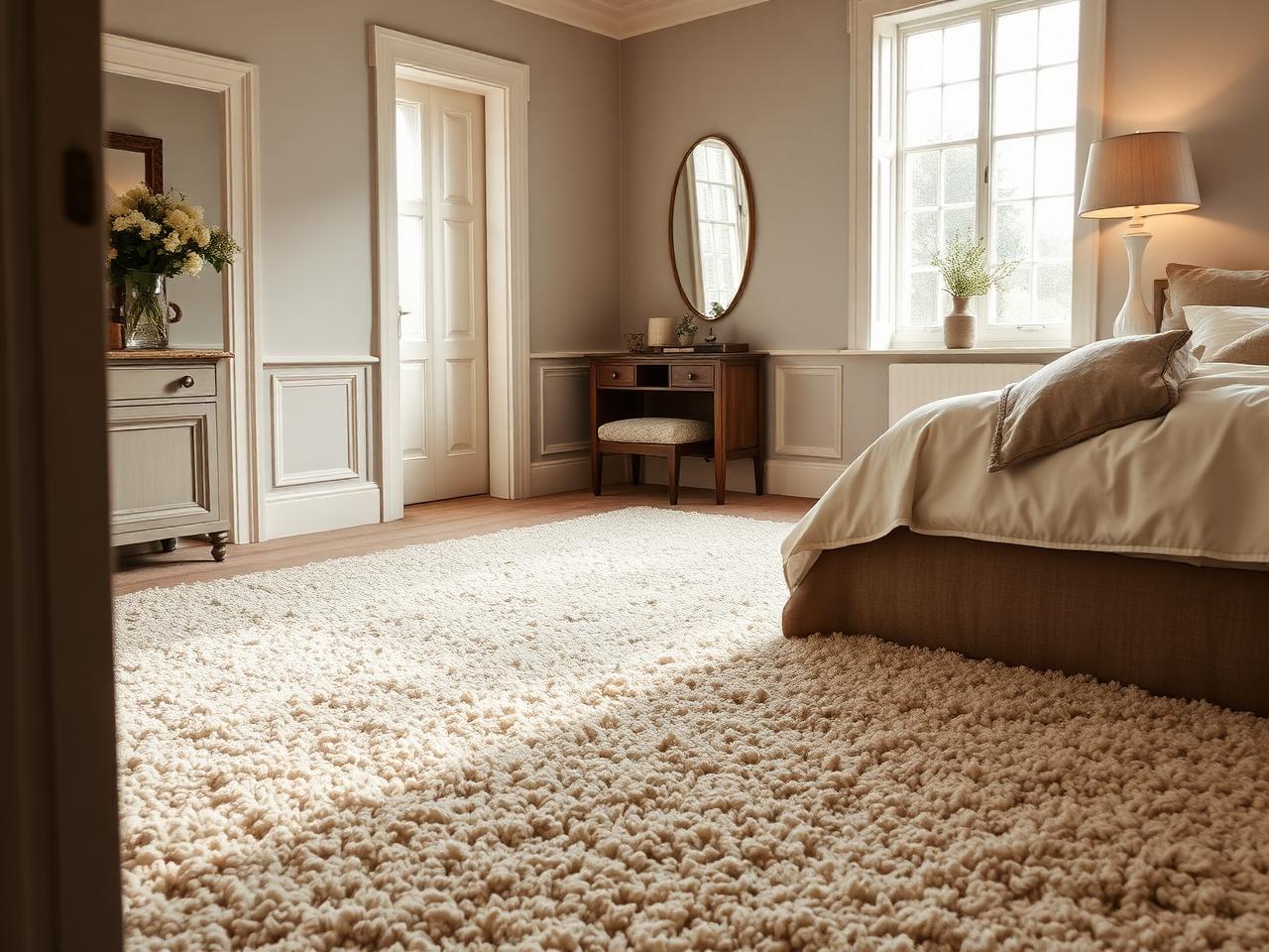 Deep pile wool carpet in a serene principal bedroom